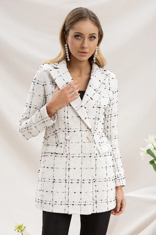 White Tweed Double Breasted Blazer Women's Elegant Suit