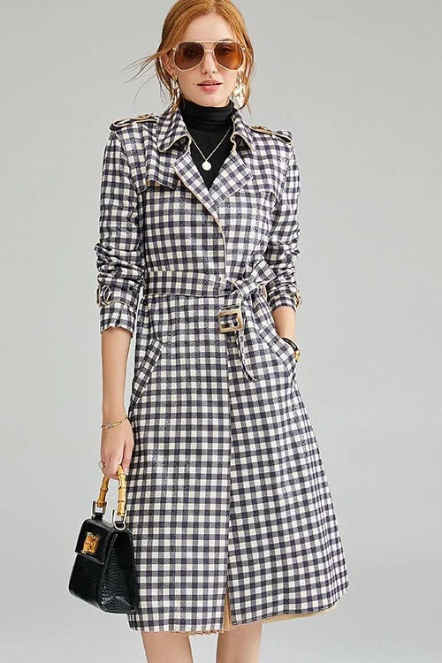 Plaid Trench Coat W/ Belt Shawl Collar Notch Collar Lapel Collar