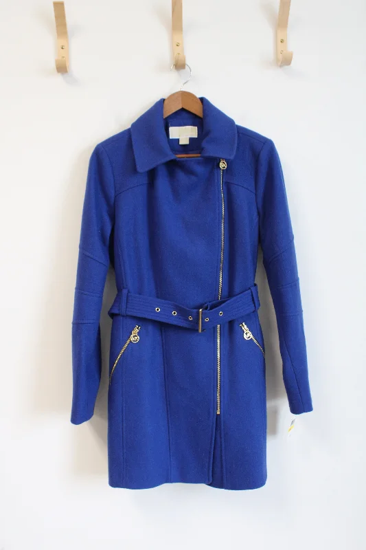 NEW Michael Kors Blue Wool Blend Belted Coat | M Parka Anorak Hoodie