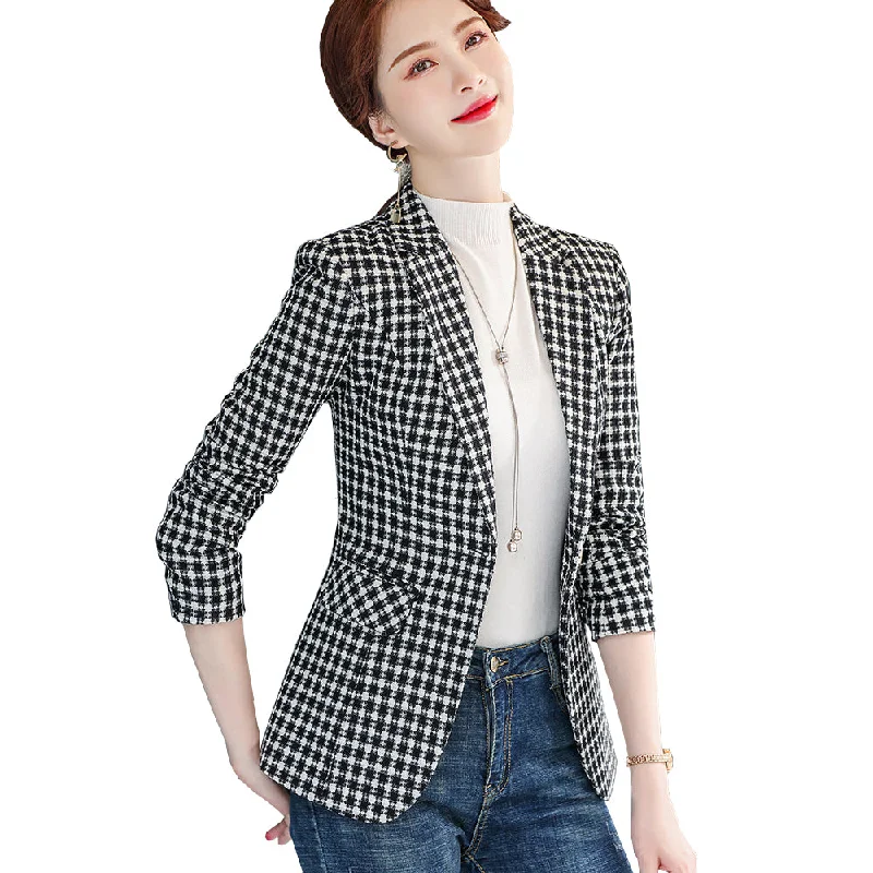 Woman Slim Yellow Black Plaid Blazer  Female Autumn Winter Outwear Casual Single Button Jackets Coat Traje Women's Handmade Blazer