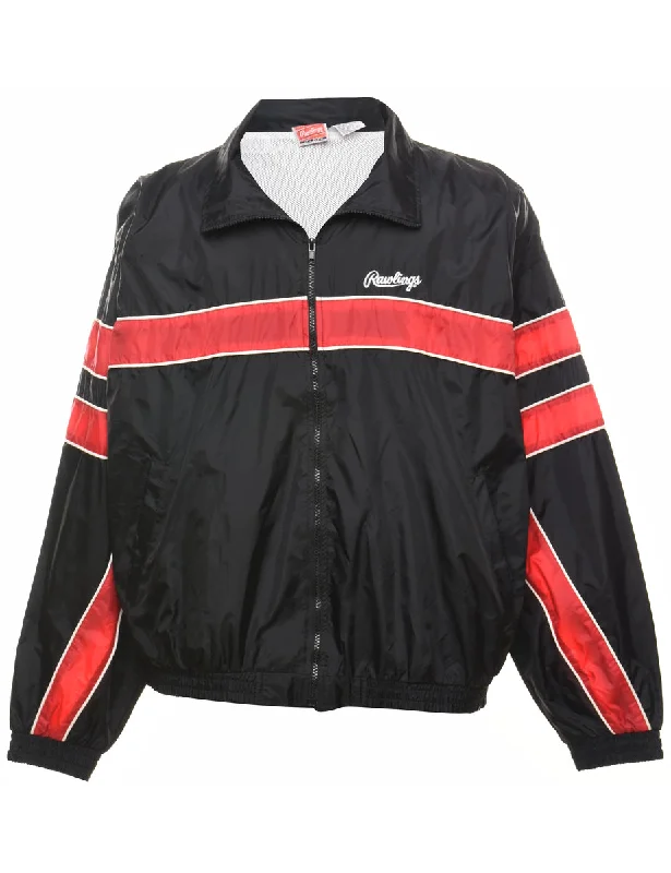 Black & Red Zip-Front Nylon Jacket - XL Welt Pockets Slit Pockets Flap Pockets