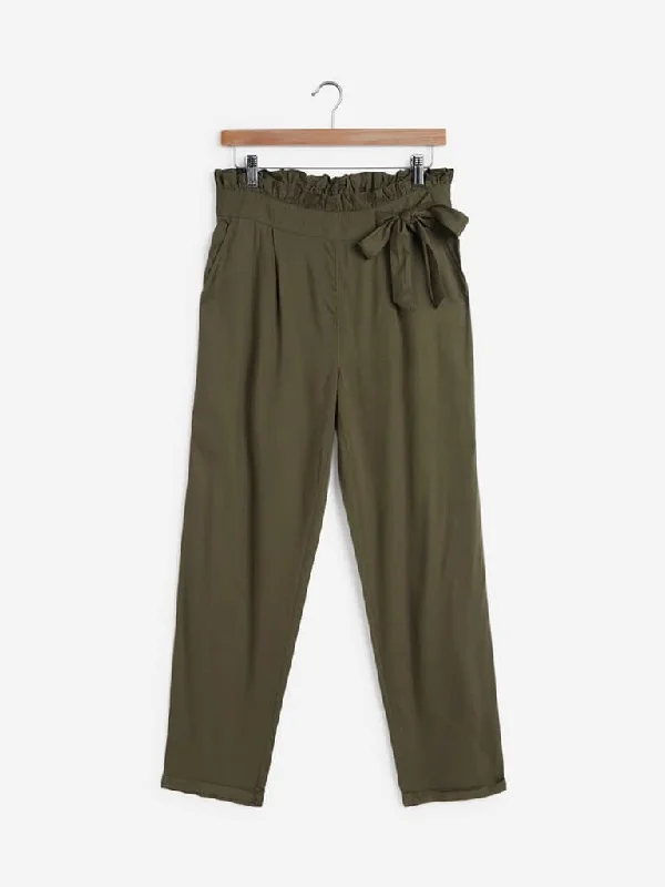 LOV Olive Paper-Bag Cloudy Trousers Trousers Flared Retro