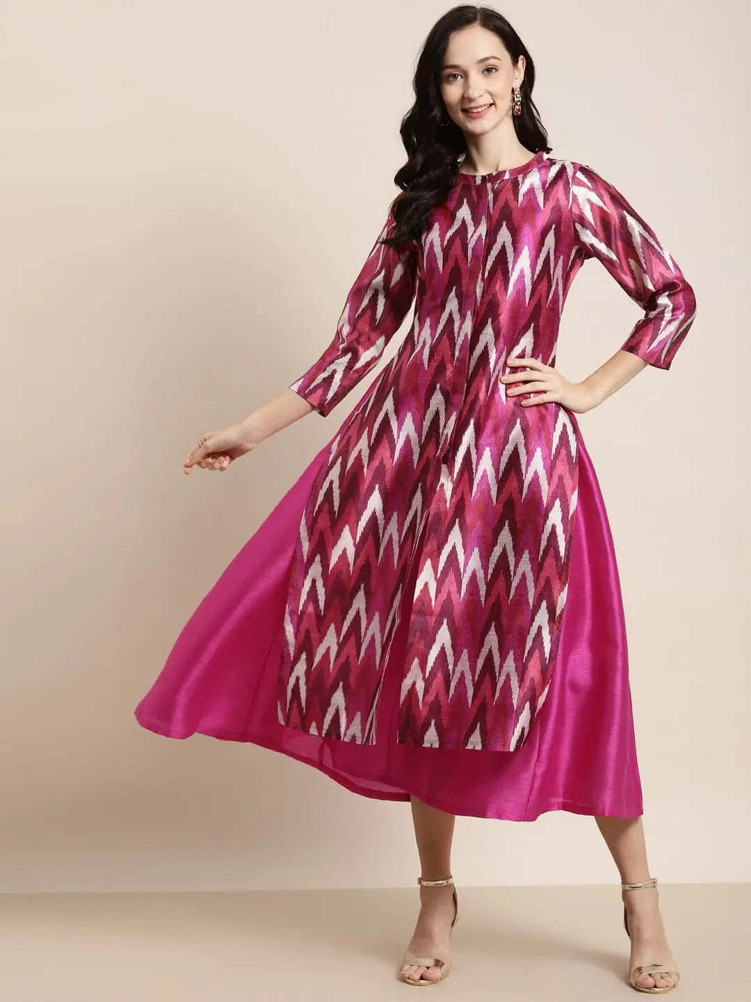 Fuchsia Anarkali Maxi With Ikat Print Jacket Nylon Fabric Polyester Fabric Spandex Fabric