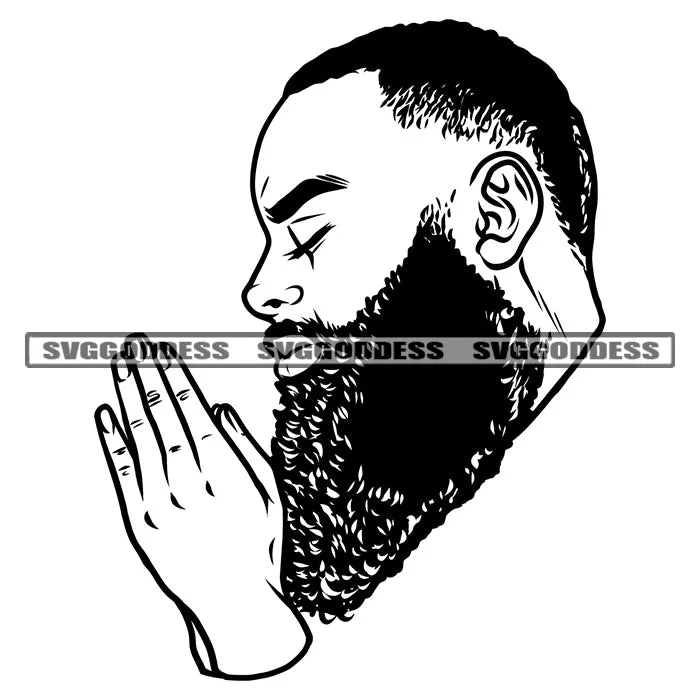 Black And White Hard Praying Hand African American Man Close Eyes Business Man Close Wearing Coat Vector White Background Long Bard Stylish SVG JPG PNG Vector Clipart Cricut Silhouette Cut Cutting Wool Cashmere Tweed