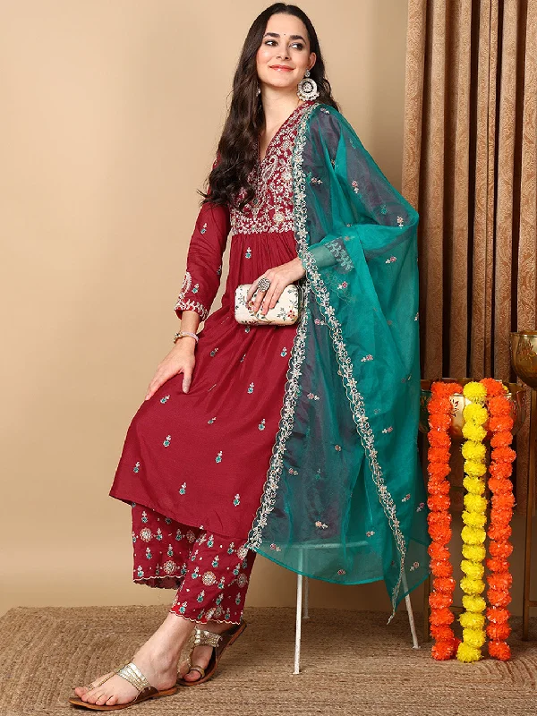 Red Silk Blend Solid Yoke Design Flared Kurta Trouser With Dupatta Trousers Denim Distressed