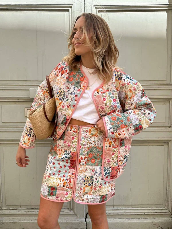 Floral Print Round Neck Thin Coat Buttoned Toggled Snapped