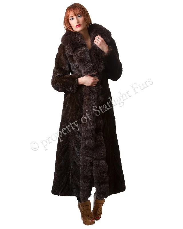 55 | Mink Sections Fur Coat with Tuxedo Fox Fur Chenille Brocade Lace