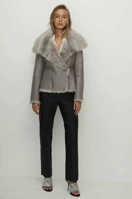 Sutton Place Shearling Coat Moonlight Grey Shearling Boat Neck Jacket Square Neck Jacket One-Shoulder Jacket