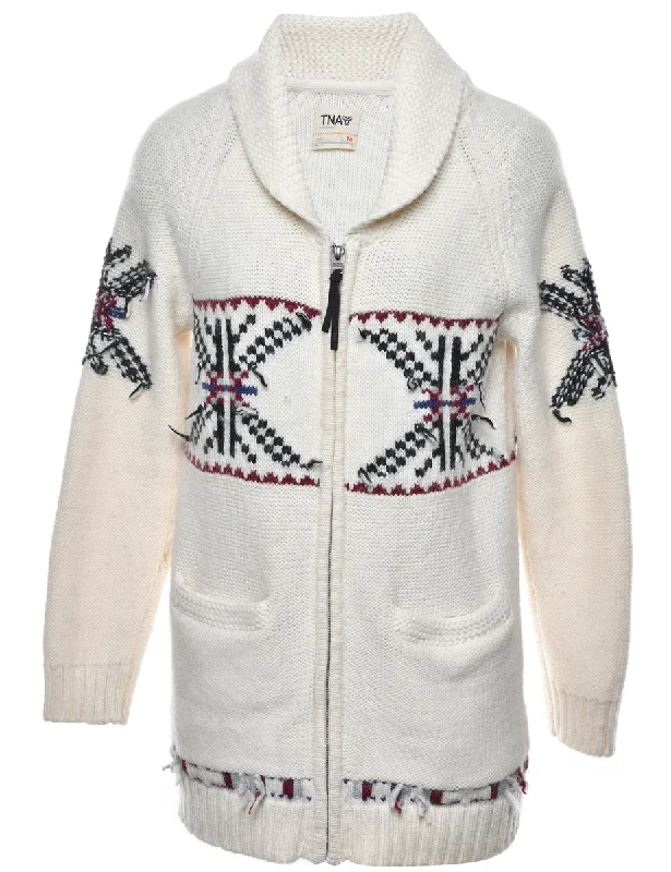 Cream Zip Front Cardigan - M Cable Knit Ribbed Knit Lace Knit