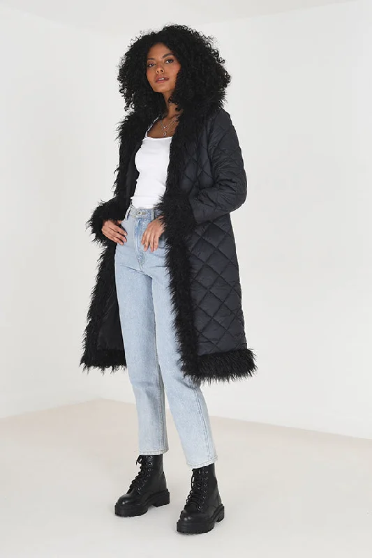 LONG QUILTED COAT WITH MONGOLIAN FAUX FUR TRIMS Blouse Shirt Tunic