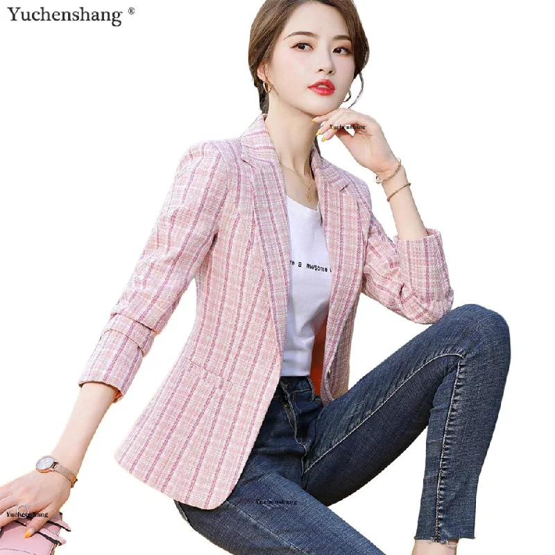 Woman Pink Apricot Plaid Blazer Autumn Winter Outwear Casual Jackets Female Slim Single Button Coat For Girl S-4XL Women's Trendy Blazer