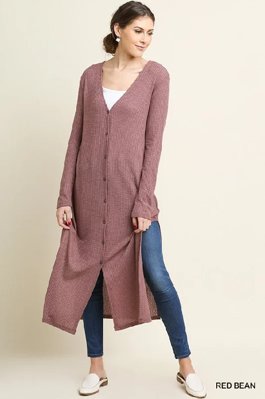 Long Waffle Weave Cardigan - red bean and black Spandex Rayon Corduroy