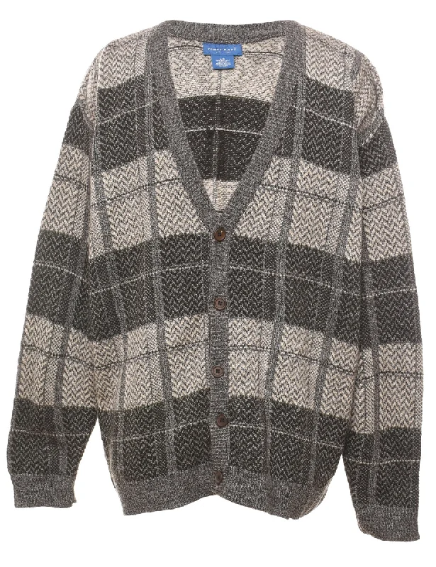 Checked Cardigan - L Ribbed Striped Patterned