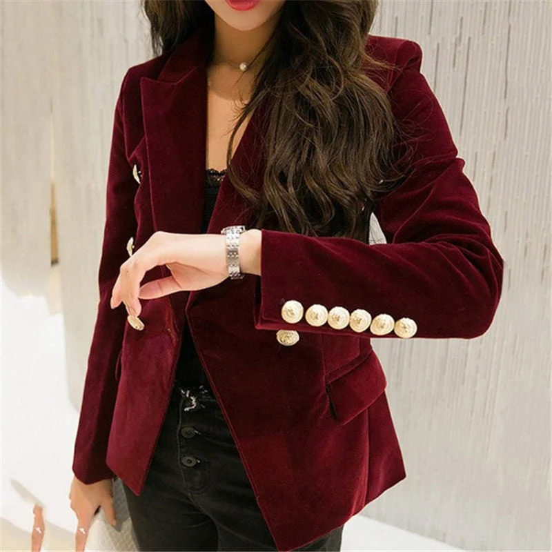 2023 Autumn Velvet Suit Jacket Buckle Slim OL Chic Long Sleeve Blazers Feminino Casual Coat Office Ladies Outerwear f866 Women's Boutique Suit