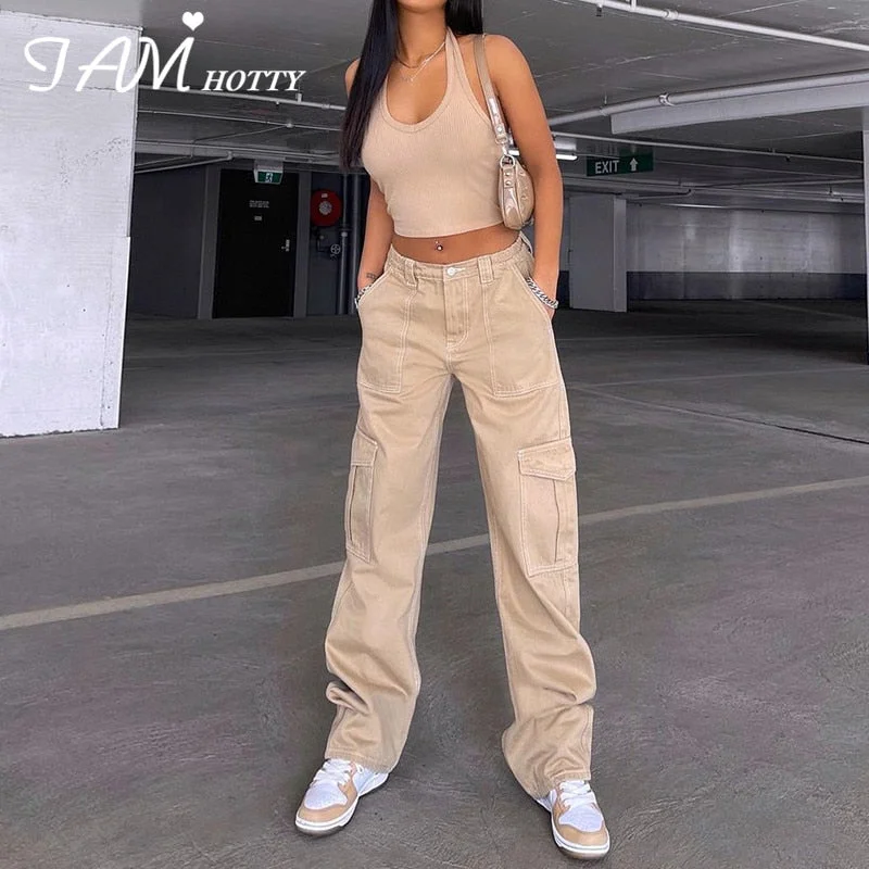 Vintage Khaki Wide Leg Cargo Jeans High Waist Big Pockets Baggy Denim Trousers Casual Oversized Pants Street Sweatpants Iamhotty Trousers Bridal Satin