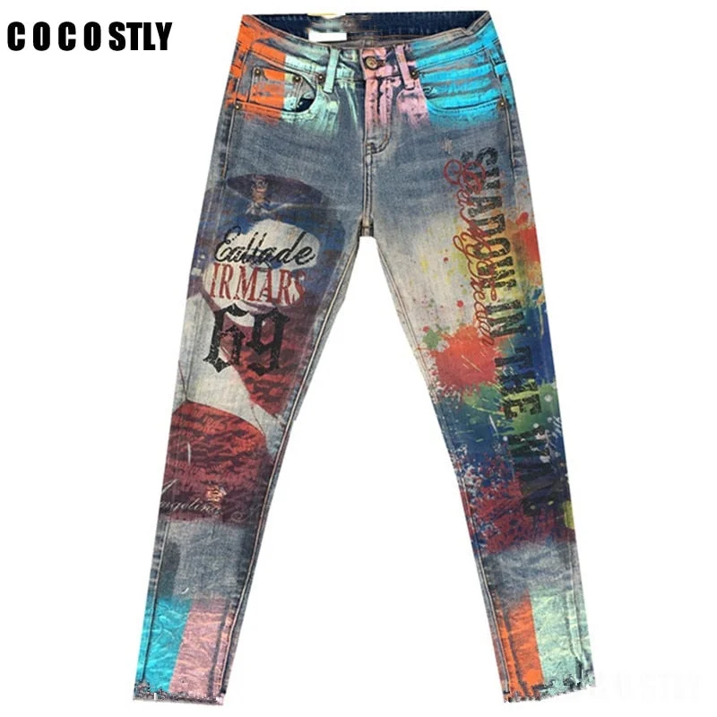 Casual Denim skinny jeans woman Pant Femme Pencil Jeans Trousers Bronzing Painted Pattern Jeans Denim Trousers Trousers Top Rated