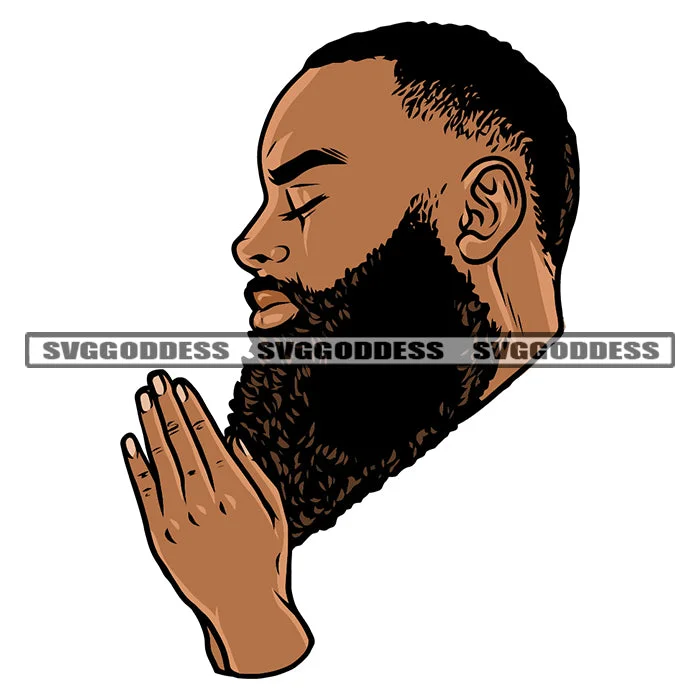 Hard Praying Hand African American Man Close Eyes Business Man Close Wearing Coat Vector White Background Long Bard Stylish SVG JPG PNG Vector Clipart Cricut Silhouette Cut Cutting Knit Woven Fleece