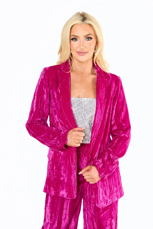 Heff Crushed Velvet Blazer - Fuchsia Women's Boutique Suit