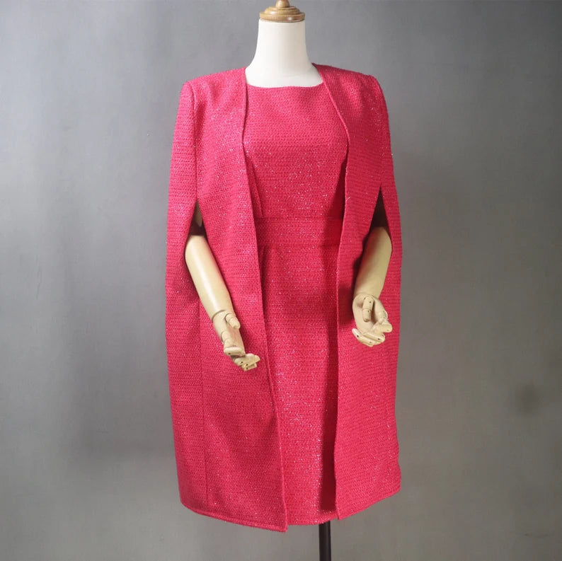 Red Sheath Dress  + Long Coat For Ladies With Tweed material  for wedding wear, Graduation day. Raincoat Turtleneck Coat Wrap Coat