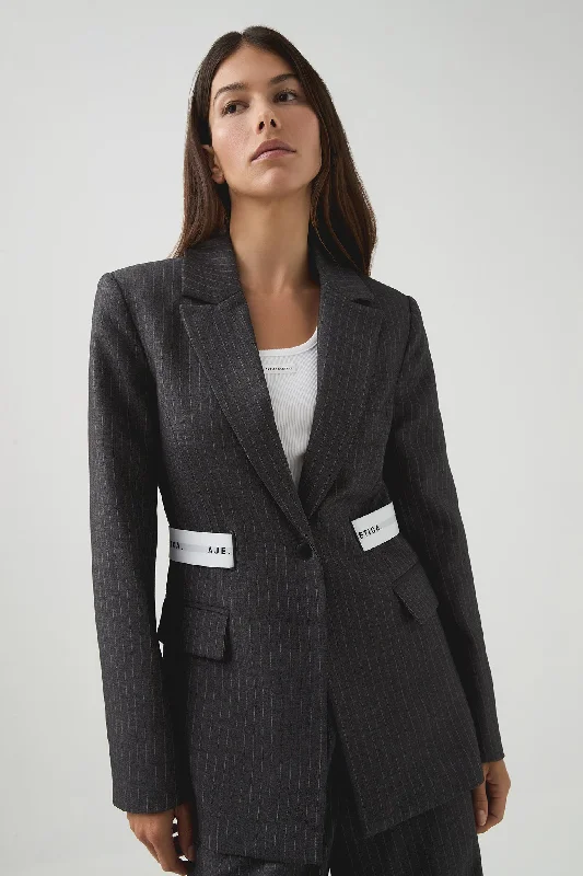 Pinstripe Logo Belt Blazer 789 Women's Short Blazer