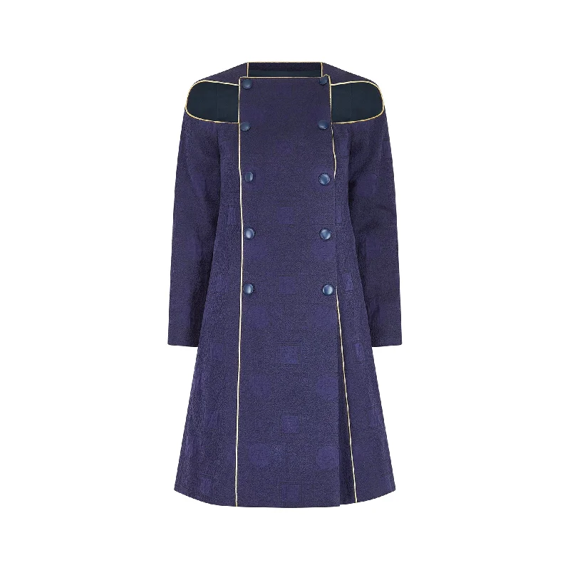 1980s Paco Rabanne Haute Couture Navy Cut-out Coat Dress with Gold Lame Trim Plaid Tartan Floral