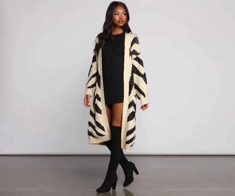 Zebra Print Long Line Cardigan Mesh Blend Leather Blend Suede Blend