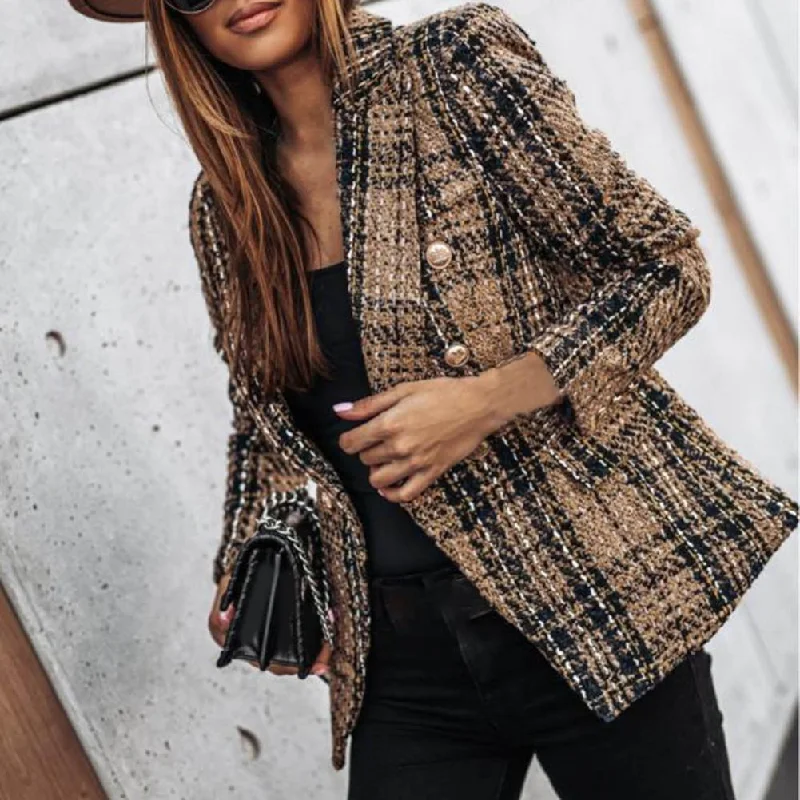 Thin Suit Lady Long-sleeved Blazer Casual Double-breasted Check Blazer Slim Fit Office Lady Elegant Chic Jacket Street Coat Women's Banquet Suit