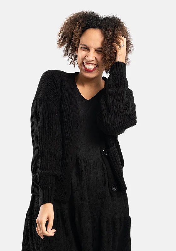 Black Ribbed Cardigan Crew Neck V-Neck Turtle Neck