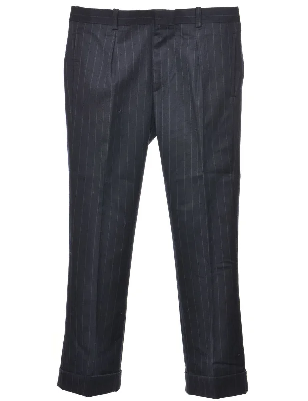 Pinstriped Navy Trousers - W36 L30 Trousers High Rise Slim Fit