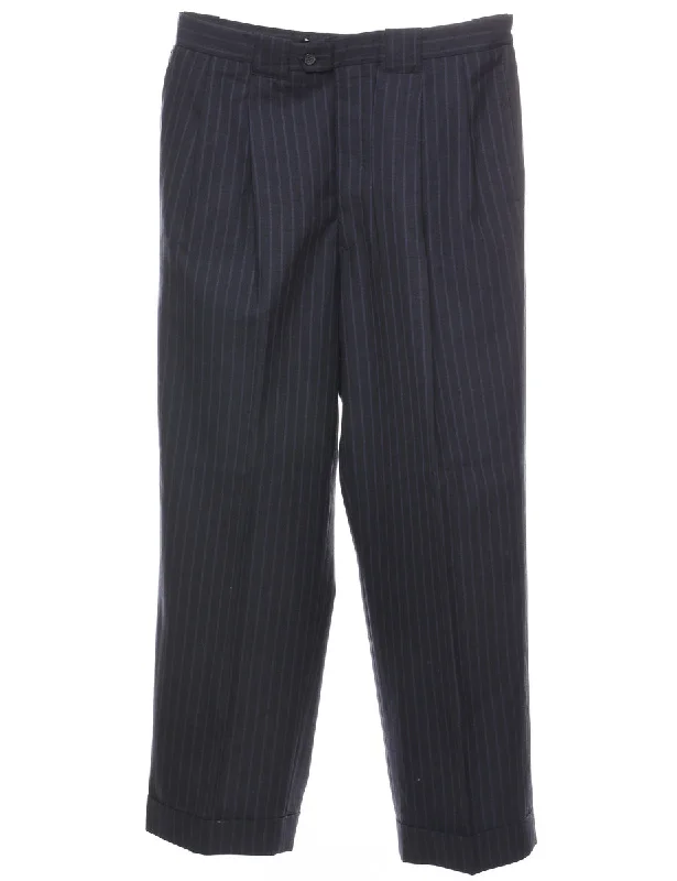 Navy & White Pinstriped Pleated Trousers - W35 L30 Trousers Recommended Stylist