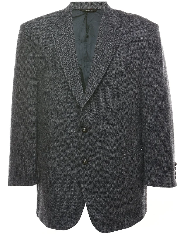 Herringbone Tweed Grey Blazer - L Slimming Women's Blazer