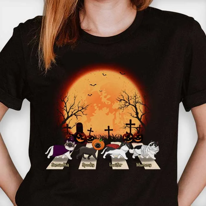 Halloween For Cats - Cat Walking Crosswalk In The Moonlight  - Personalized Unisex T-Shirt, Halloween Ideas