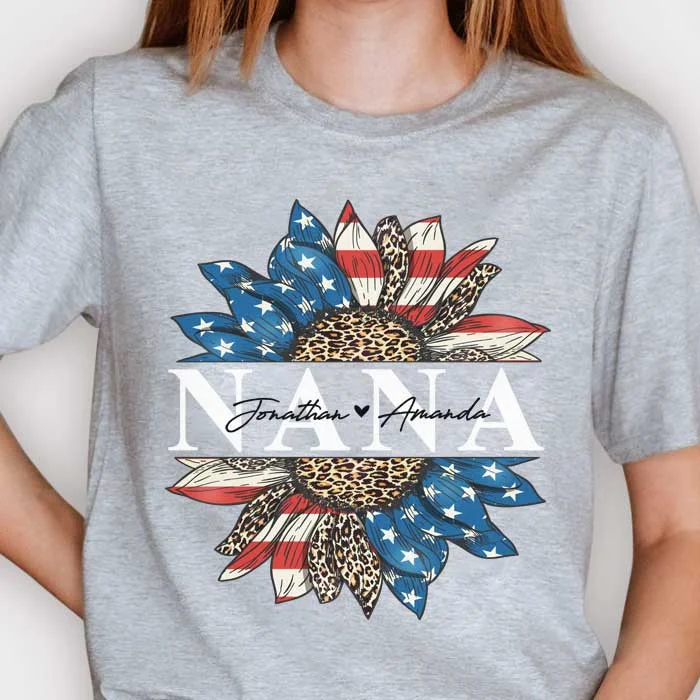 Patriotic Leopard Sunflower Nana  - Gift For 4th Of July - Personalized Unisex T-Shirt