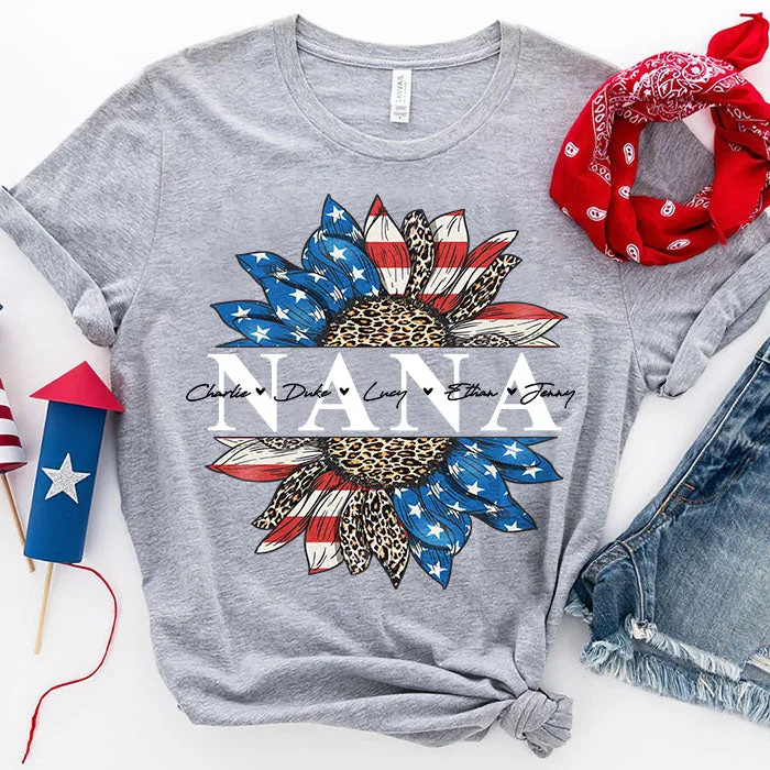 Patriotic Leopard Sunflower Nana  - Gift For 4th Of July - Personalized Unisex T-Shirt