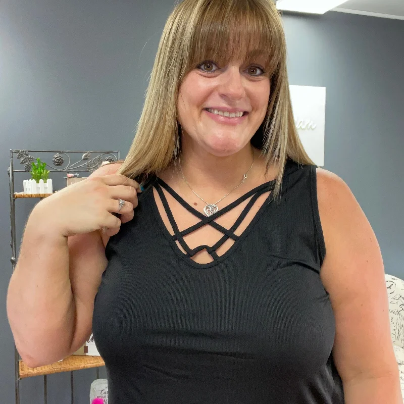 Black Criss Cross Front Ribbed Sleeveless Top