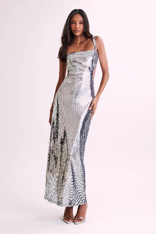 Adoria Sequin Cut Out Maxi Dress - Silver