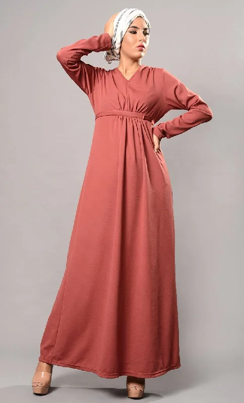 Casual Knotted Tie Up Belt And Pleated Flared Abaya Dress