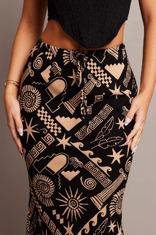 Black Abstract Slip Skirt Midi Linen Blend