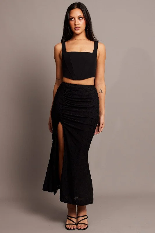 Black Midi Skirt Side Split Burnout