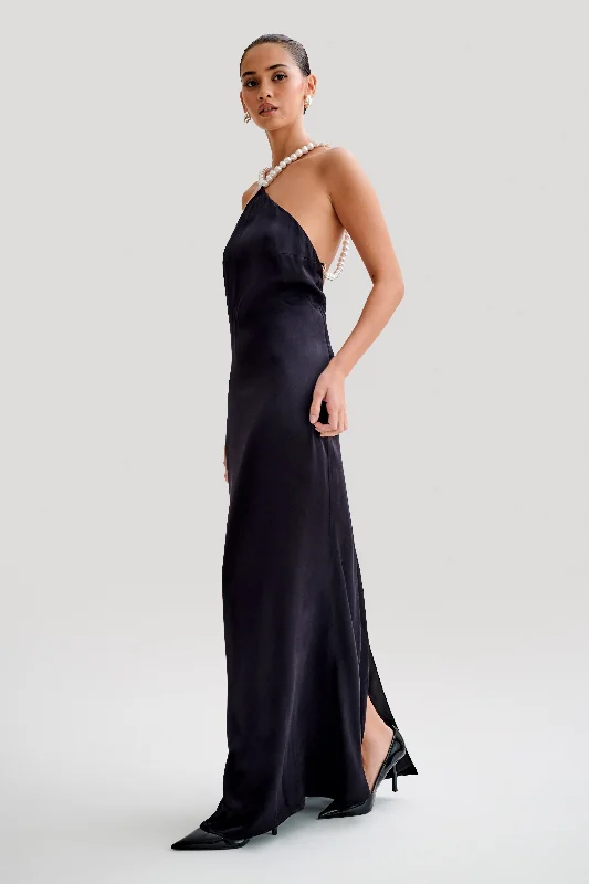 Blanche Satin Pearl Halter Maxi Dress - Black