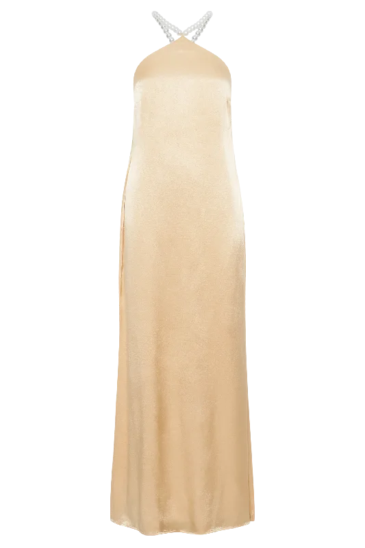 Blanche Satin Pearl Halter Maxi Dress - Peach