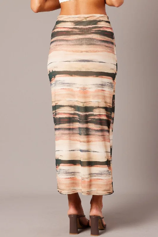 Brown Abstract Midi Skirt High Rise Mesh