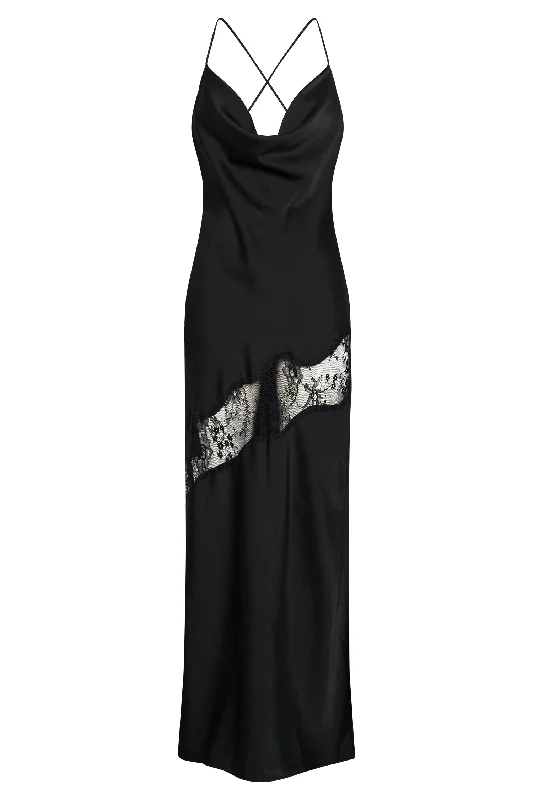 Chandra Lace Detail Satin Maxi Dress - Black