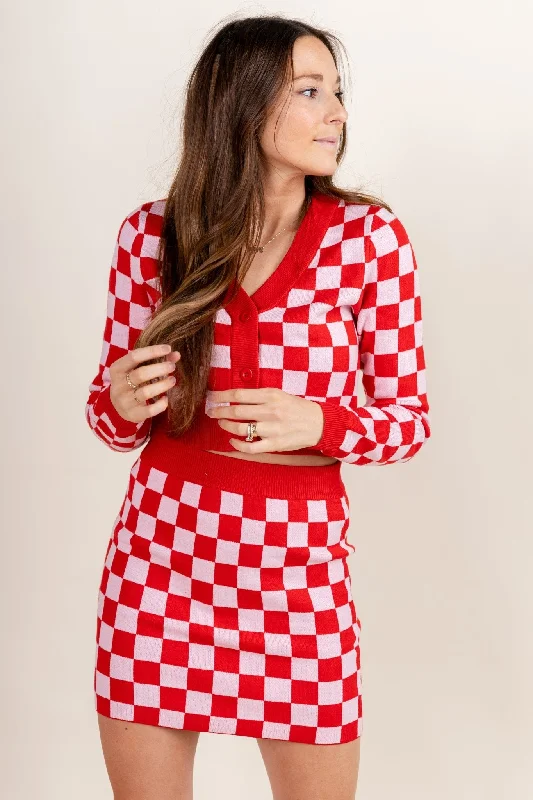 Checkered knit skirt pink/red