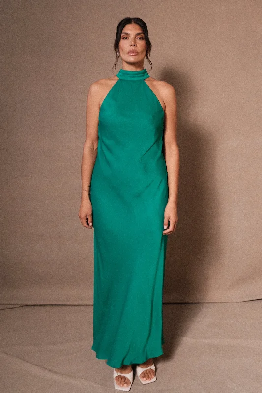 Claire Satin Drape Back Maxi Dress with Split - Green