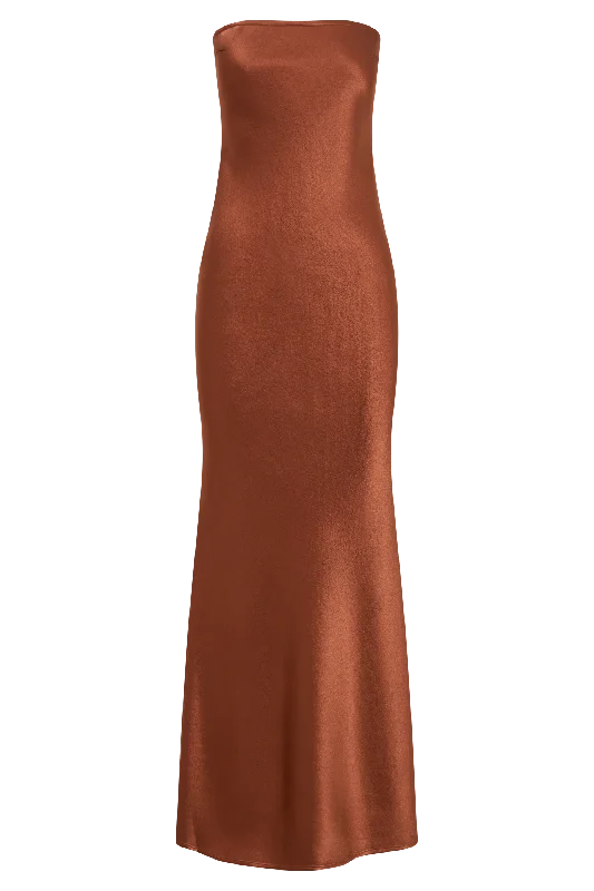 Claudette Strapless Satin Maxi Dress - Burnt Orange