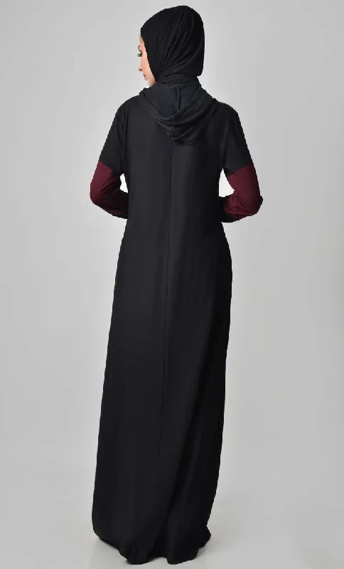 Comfy Color Contast Jersey Abaya - Black