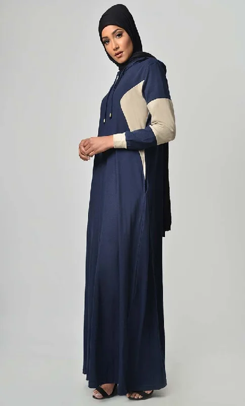 Comfy Color Contast Jersey Abaya - Navy