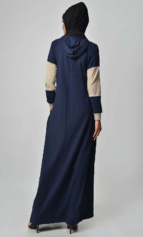 Comfy Color Contast Jersey Abaya - Navy