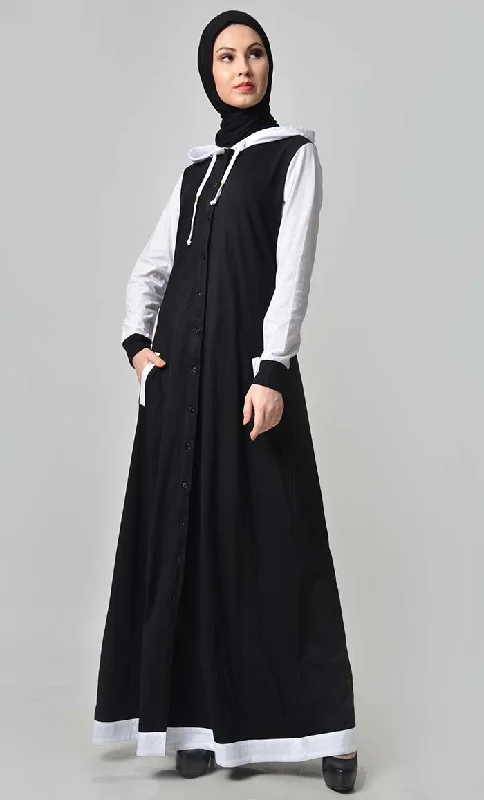 Comfy Hooded Front Open Jersey Abaya - Black